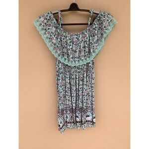 Xhilaration Girls Blue Floral Elephant Cold Shoulder Ruffle Dress Large 10/12